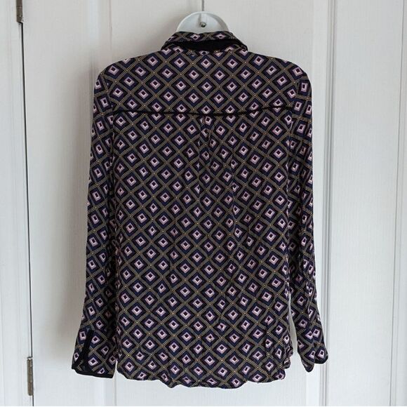 Mango Abstract Print Navy Pink Blouse With Bow Tie Neck Top Viscose XS @V - Picture 4 of 12